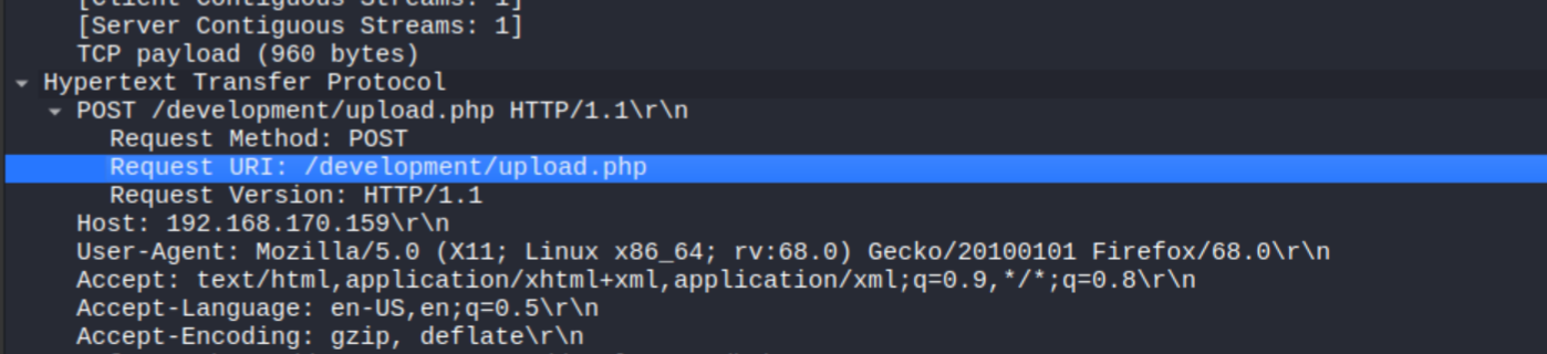 Wireshark filtered to POST requests, packet 14 highlighted showing upload to /development/